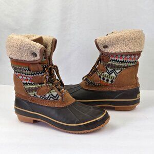 Khombu Maya Waterproof Duck Boots Suede w/ Colorful Knit Design Size 8